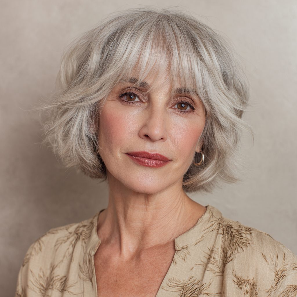 Chic Textured Shaggy Bob with Soft Feathered Bangs