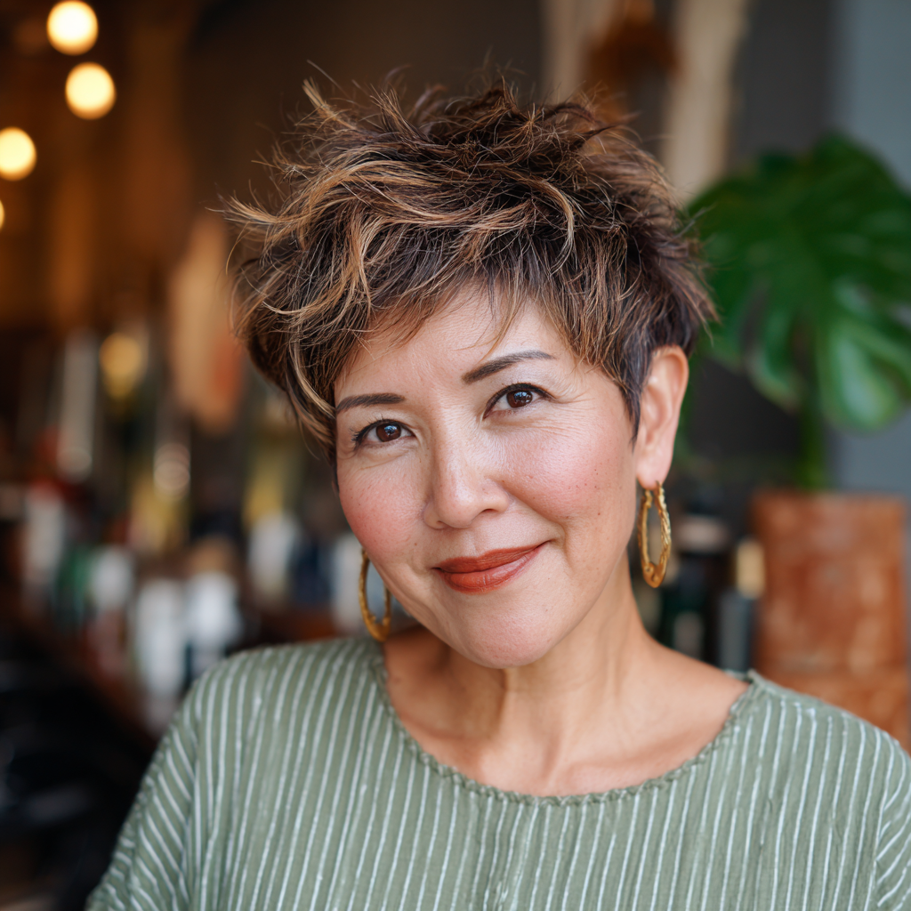 Chic Textured Spiky Haircut with Warm Highlights