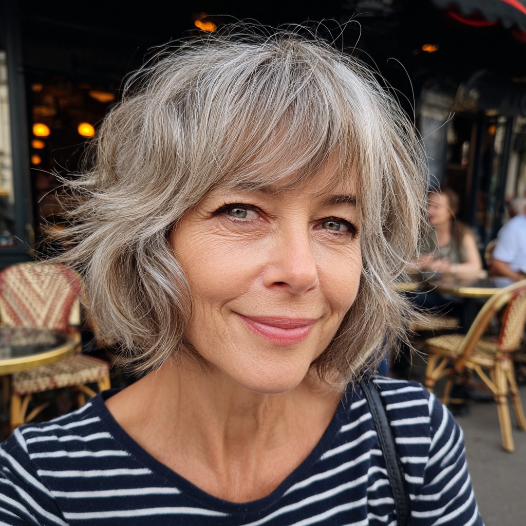 Choppy Layered Silver Bob with Soft Fringe