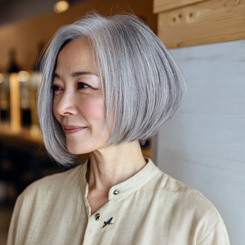 Contemporary Asymmetrical Bob with Shimmering Silver Highlights
