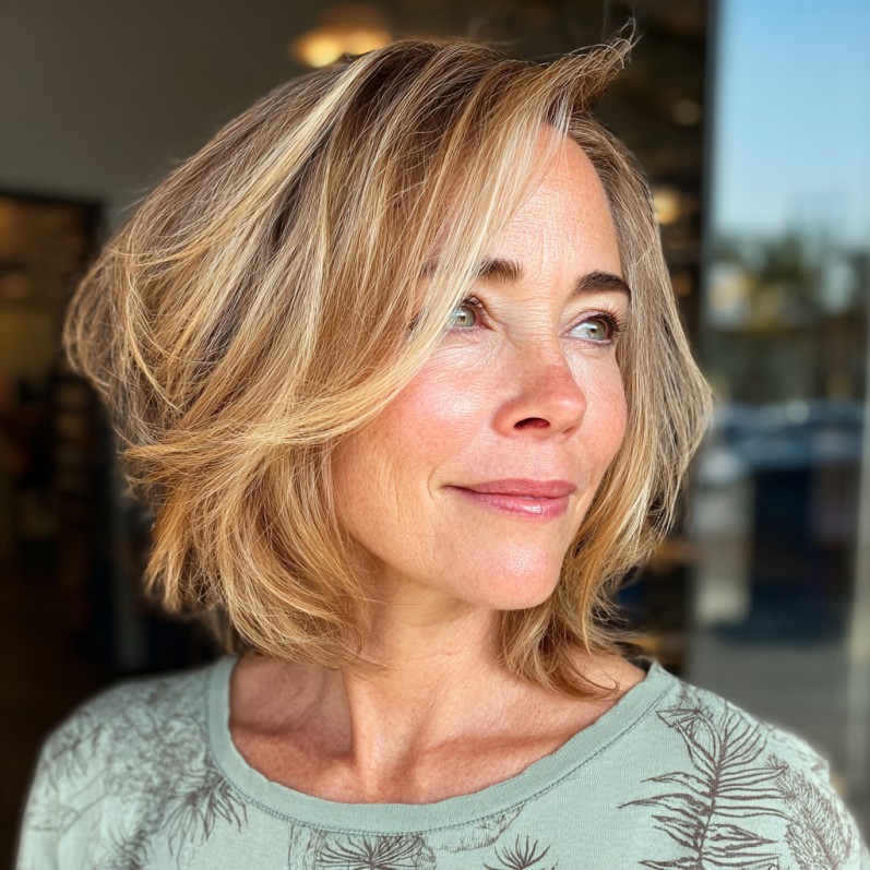 Effortlessly Chic Layered A-Line Bob with Warm Highlights