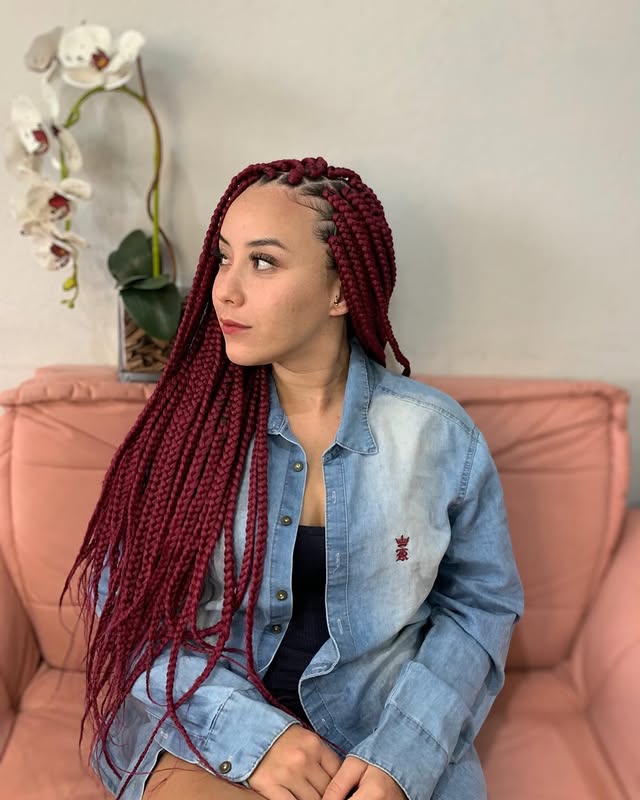 Elegant Burgundy Box Braids with Intricate Detailing