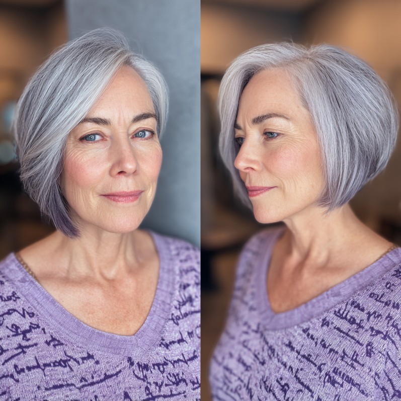 Elegant Silver Asymmetrical Bob with Soft Layers