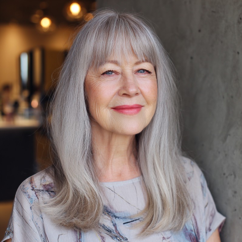 Elegant Silvery Blunt Bangs with Long Layered Hair