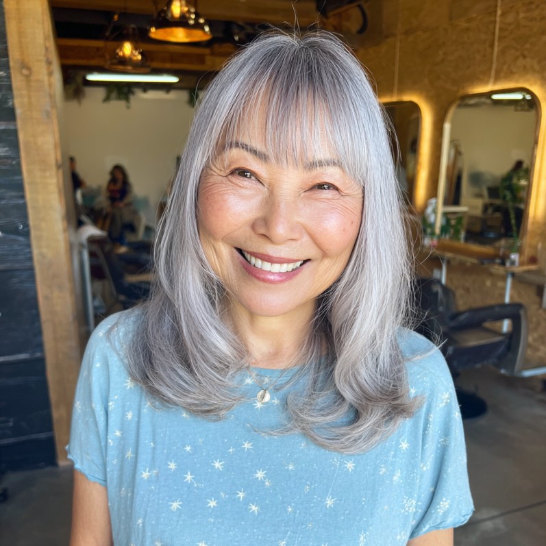 Elegant Silvery Blunt Bangs with Soft Layered Hair