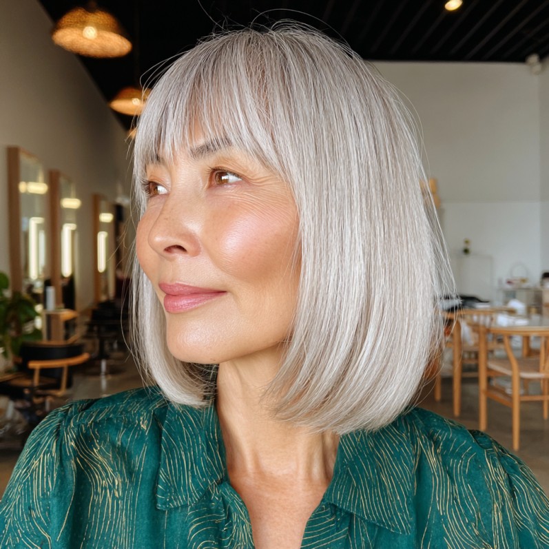 Elegant Silvery Blunt Bob with Soft Bangs