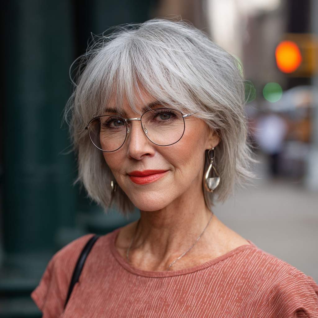 Elegant Textured Silver Shaggy Bob with Subtle Bangs