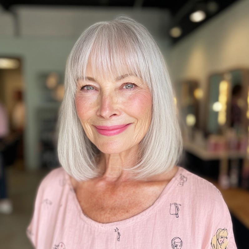 Graceful Silvery Blunt Bangs with Sleek Lob