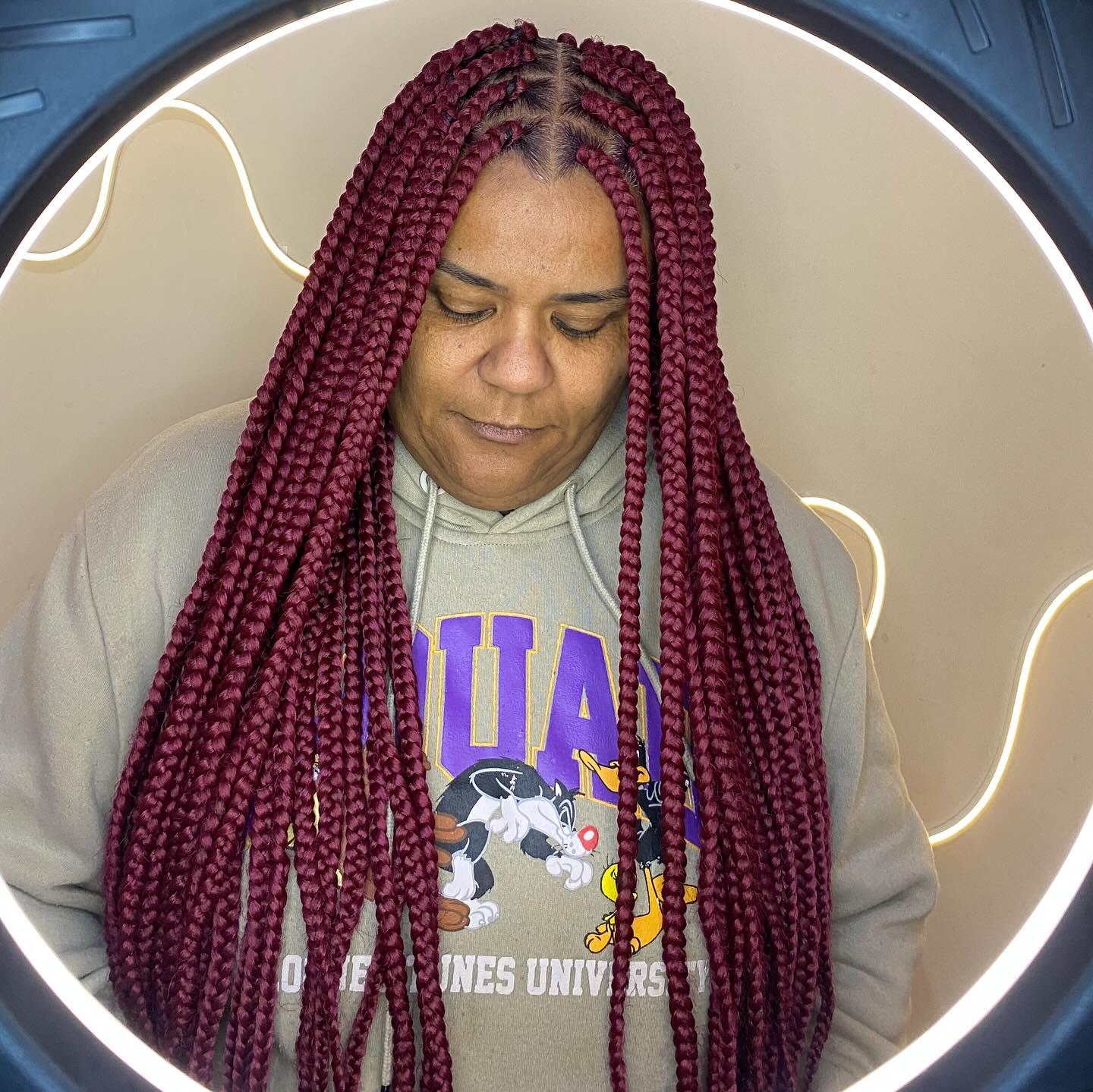 Long Burgundy Box Braids with a Luscious Finish