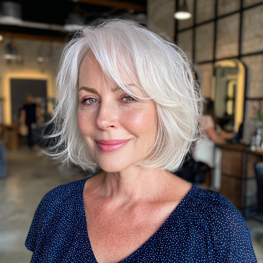 Modern Silver Shaggy Bob with Airy Bangs