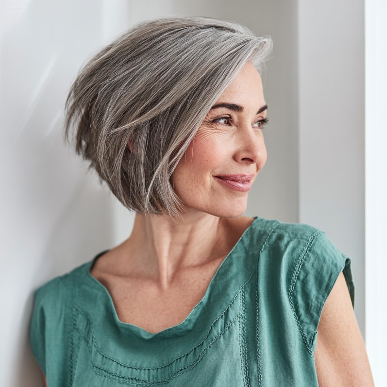 Modern Textured A-Line Bob with Silvery Highlights