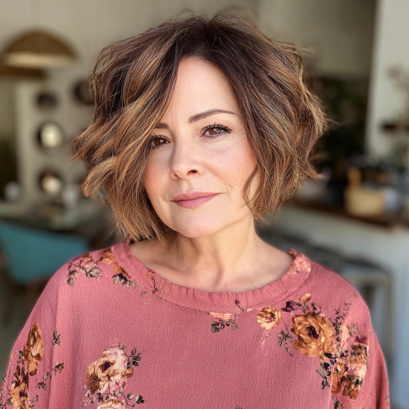 Playful Layered A-Line Bob with Warm Highlights