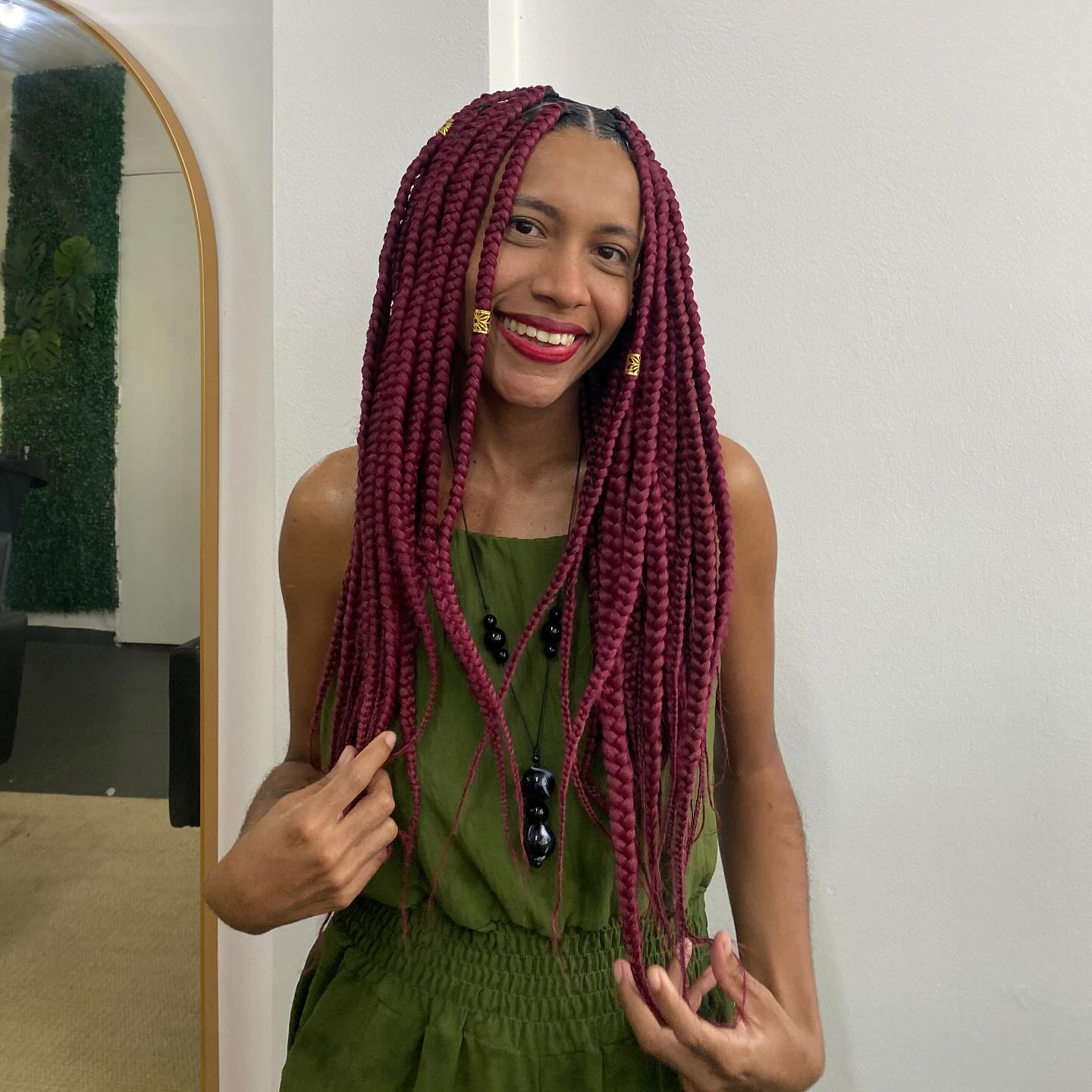 Radiant Burgundy Box Braids with Unique Gold Accents