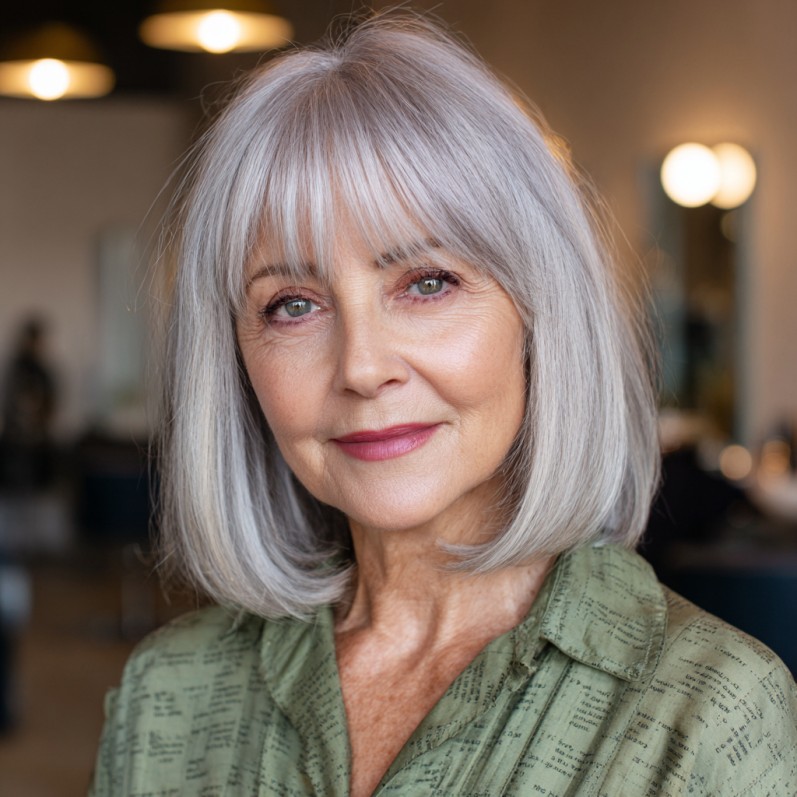 Refined Silver Blunt Bob with Face-Framing Bangs