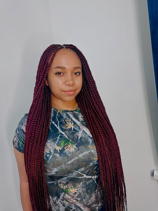 Rich Burgundy Box Braids with Glossy Length