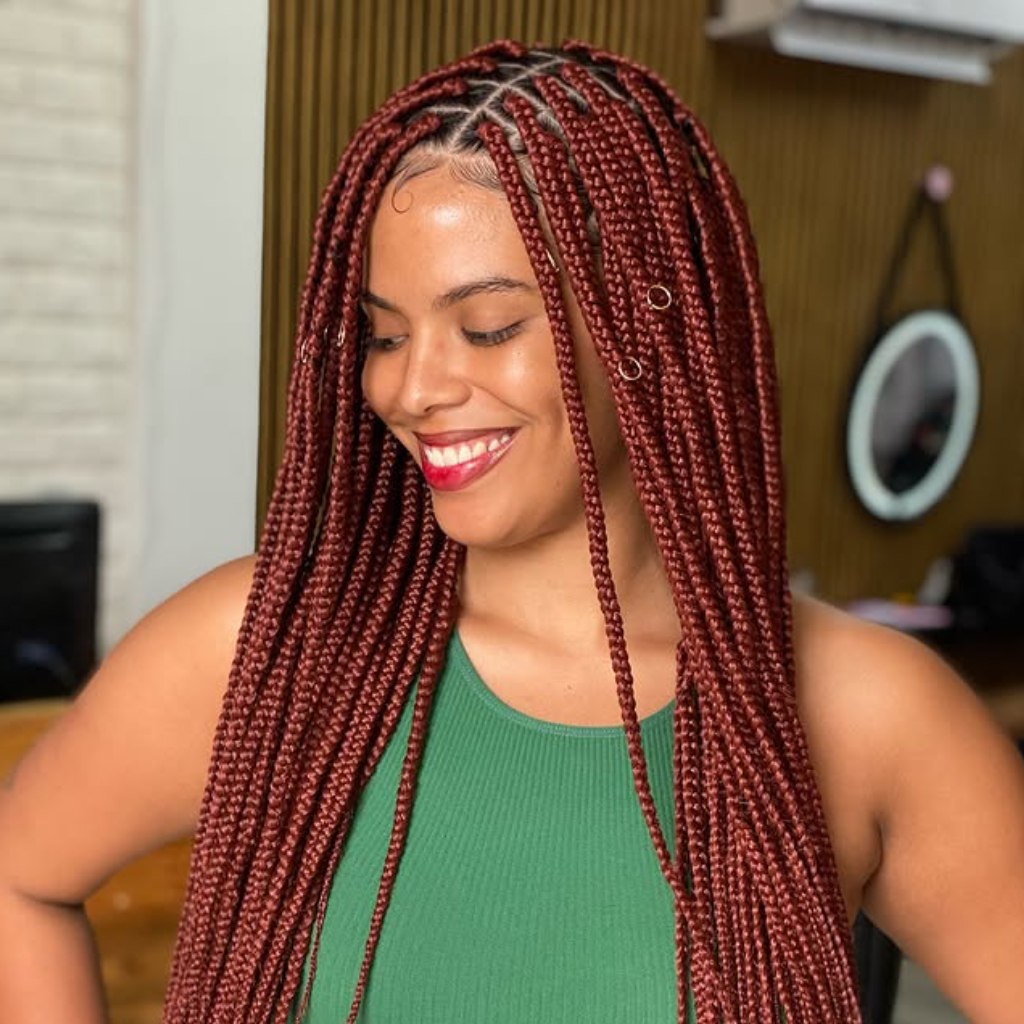 Rich Burgundy Box Braids with Intricate Parting