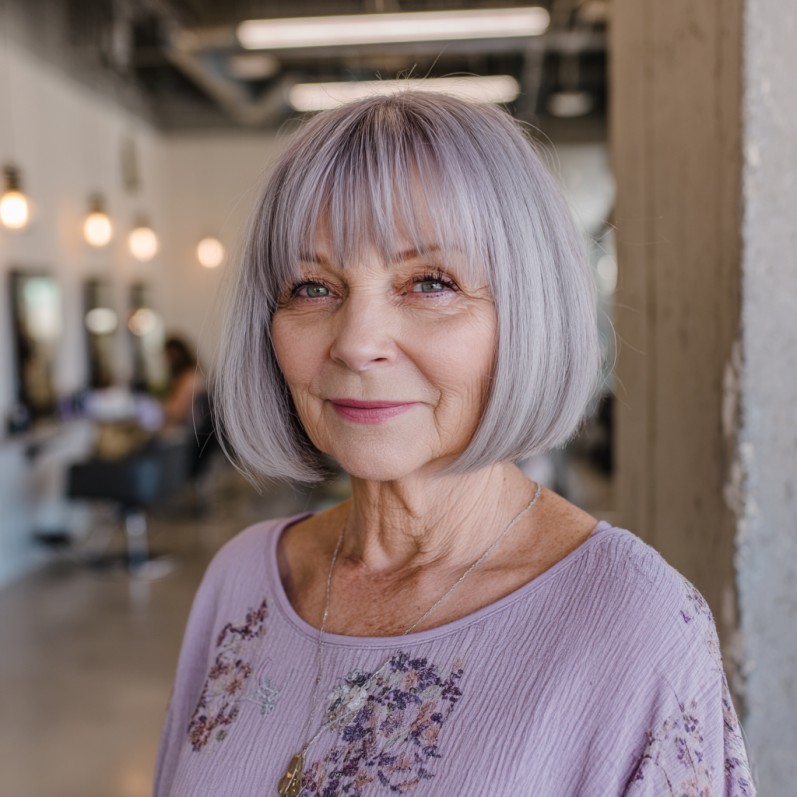 Soft Lavender Blunt Bob with Elegant Bangs