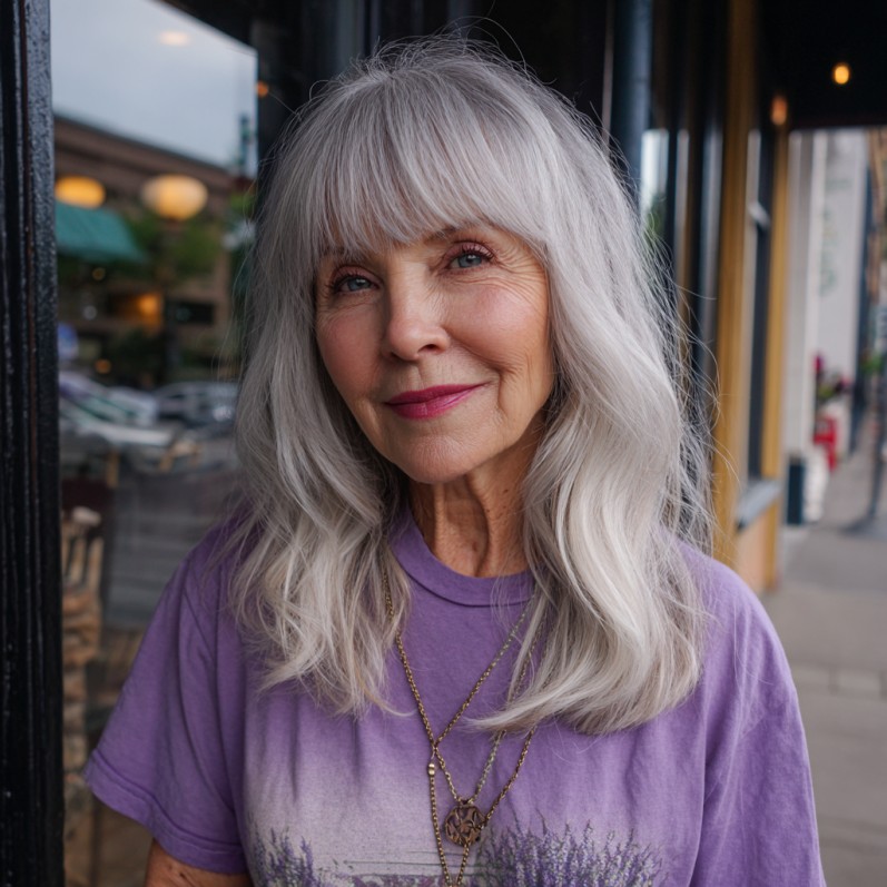 Soft Silver Blunt Bangs with Long Layered Waves