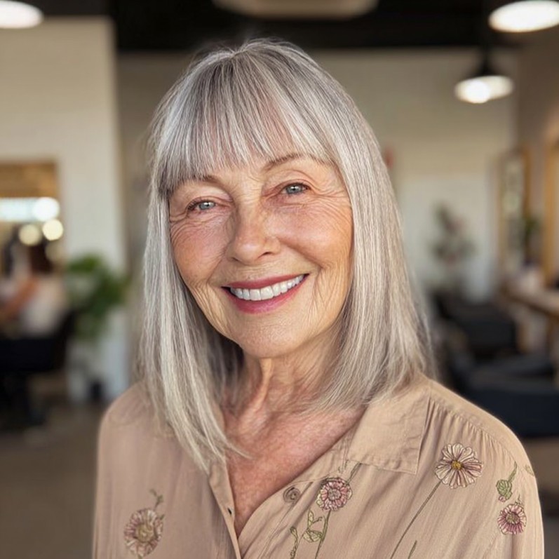 Soft Silver Blunt Bangs with Long Straight Hair