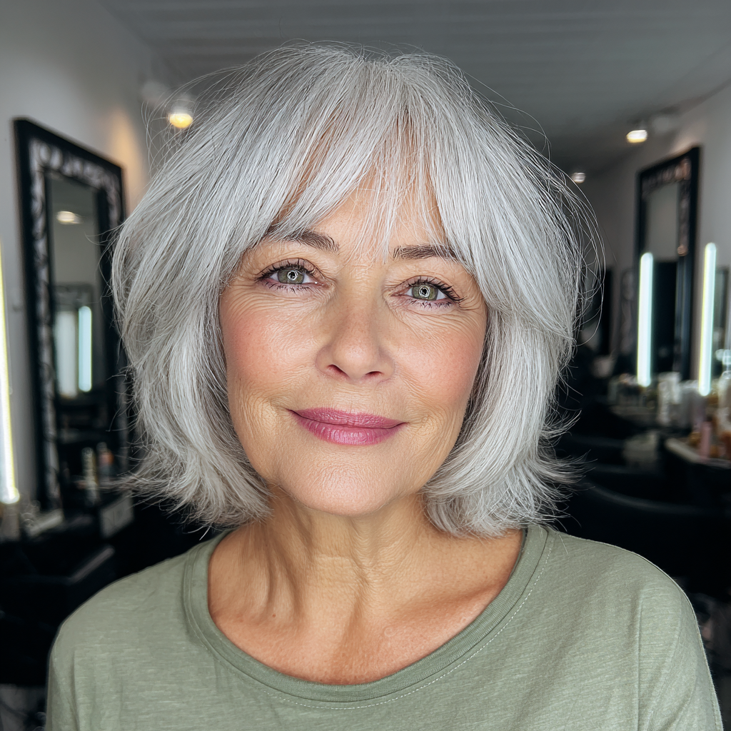 Softly Layered Silver Bob with Wispy Bangs