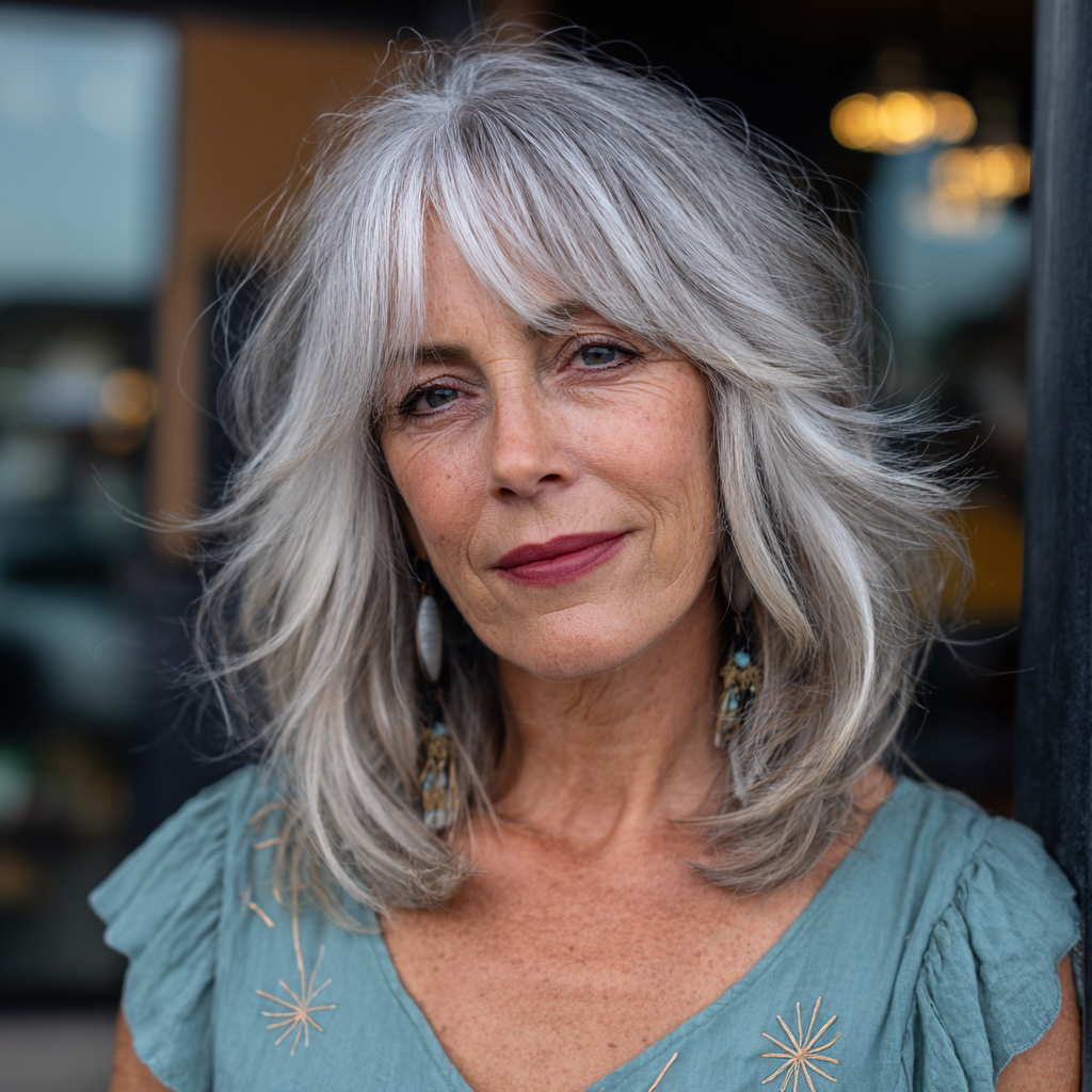 Softly Layered Silver Shaggy Bob with Long Bangs