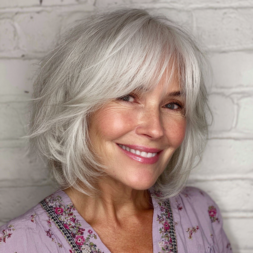 Softly Textured Ash Blonde Shaggy Bob with Long Bangs