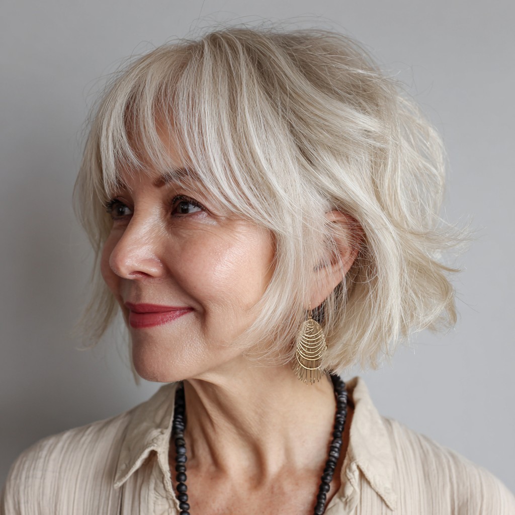 Softly Textured Layered Bob with Wispy Bangs