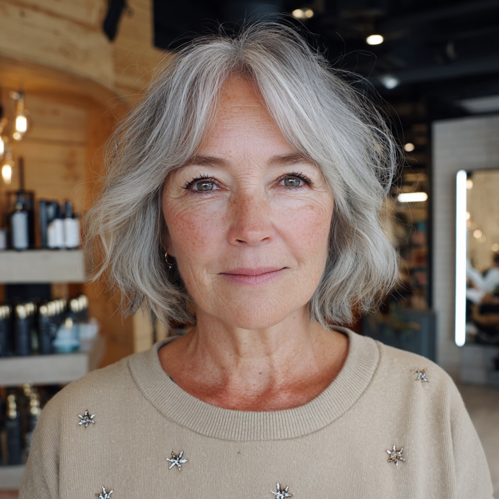 Softly Textured Silver Bob with Gentle Waves