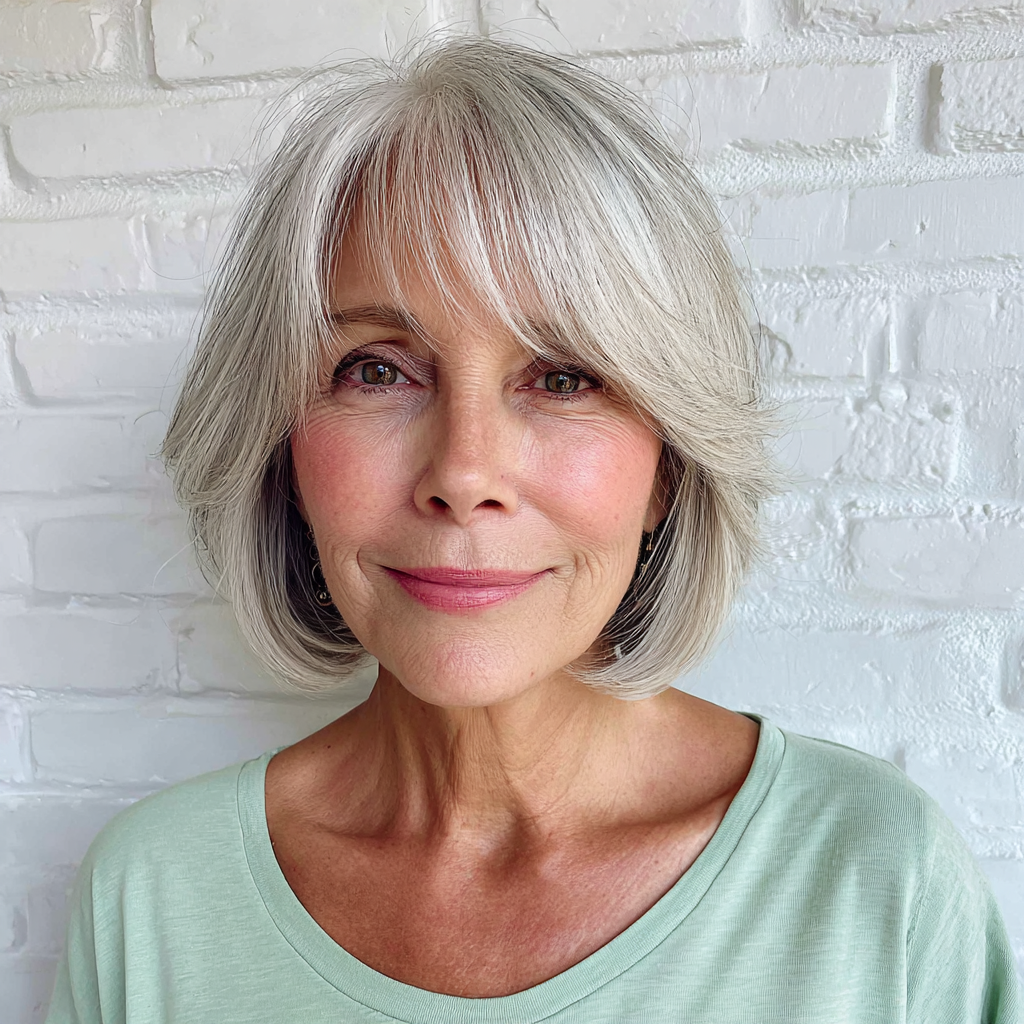 Softly Textured Silver Bob with Subtle Long Bangs