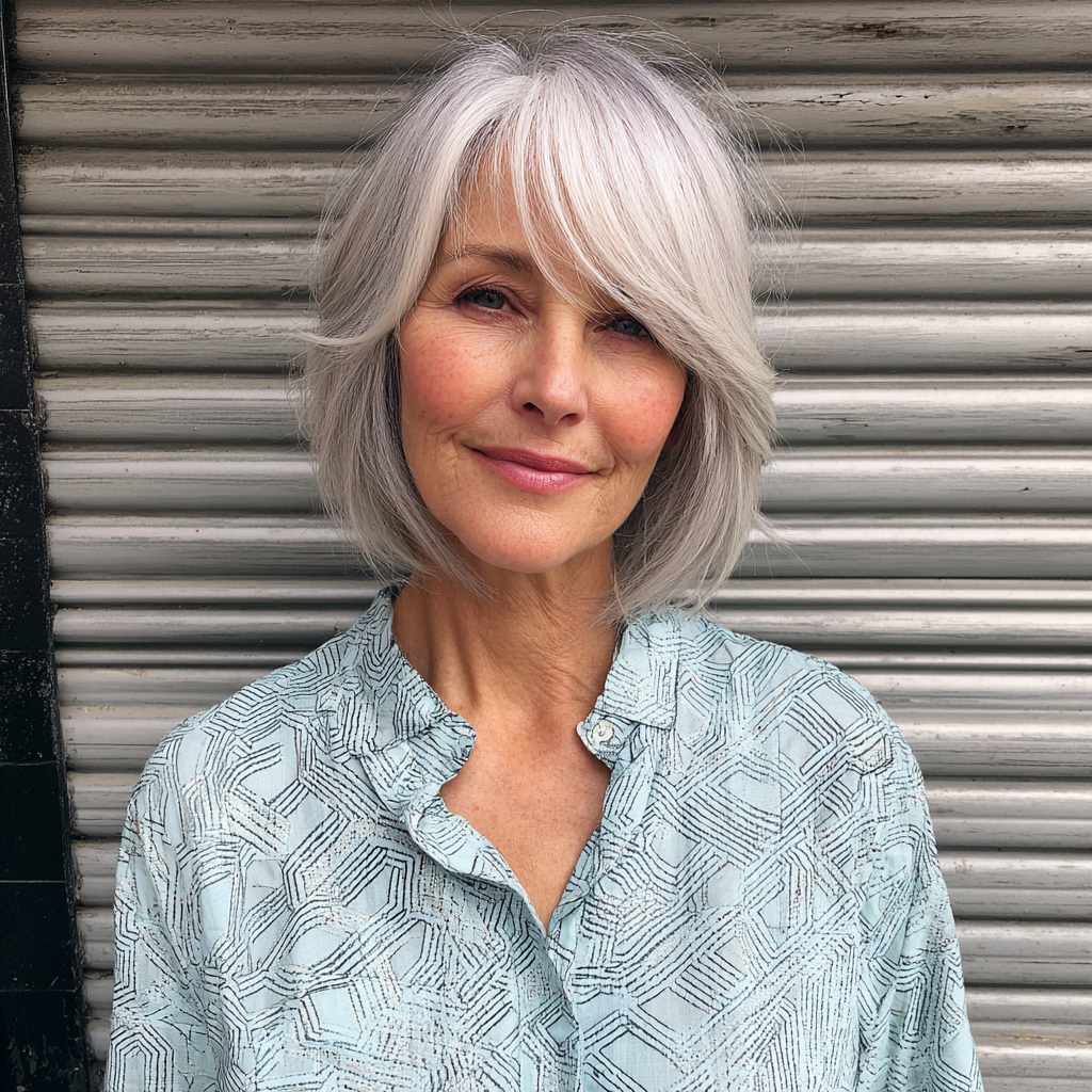 Softly Textured Silver Shaggy Bob with Long Bangs
