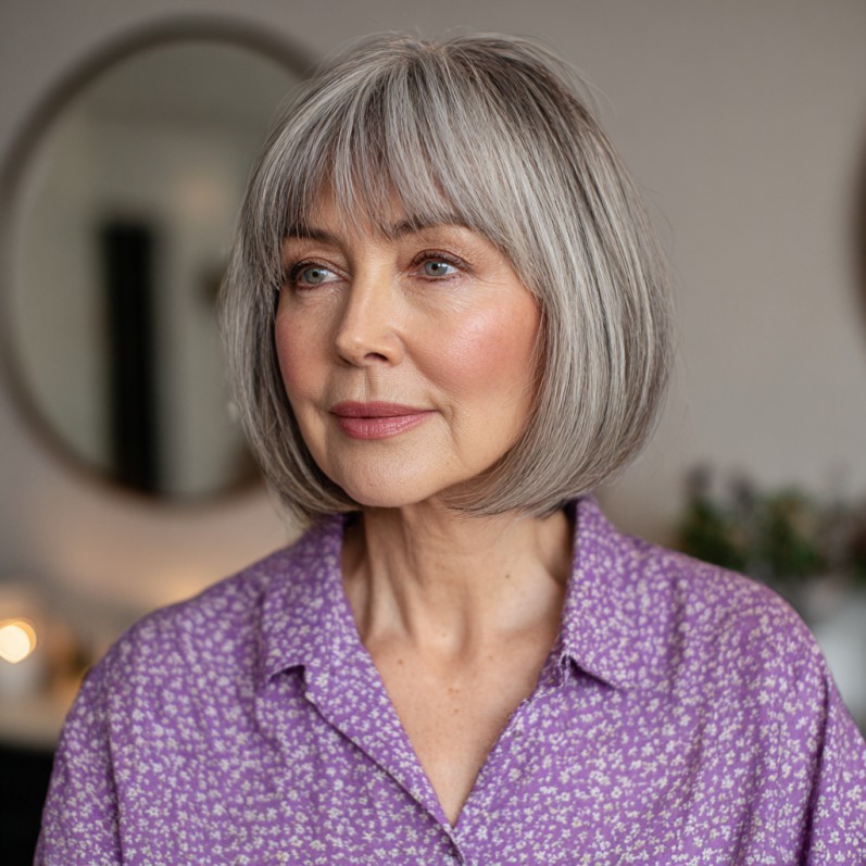 Stylish Silver Bob with Soft Fringe