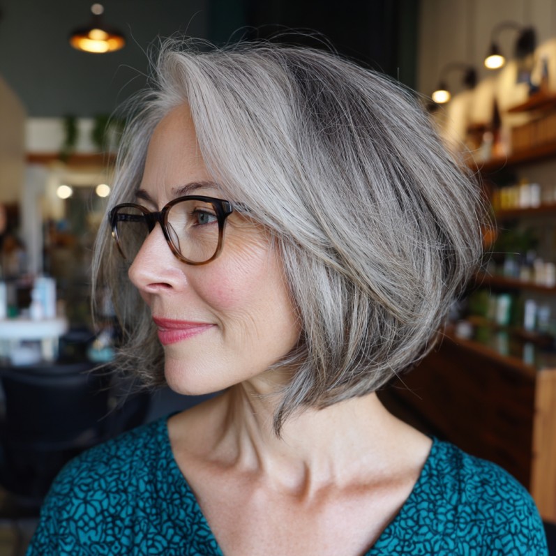 Stylish Textured A-Line Bob with Silver Highlights