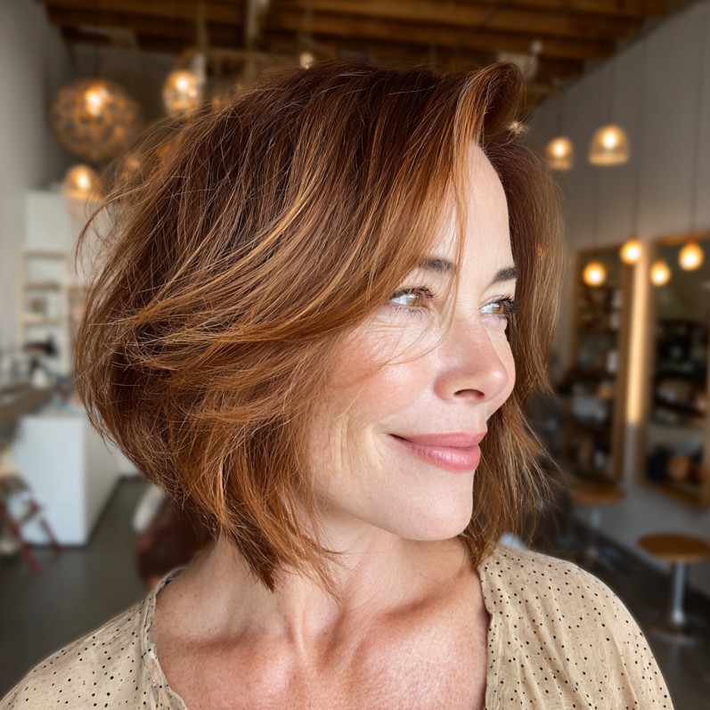 Stylish Textured A-Line Bob with Warm Auburn Highlights
