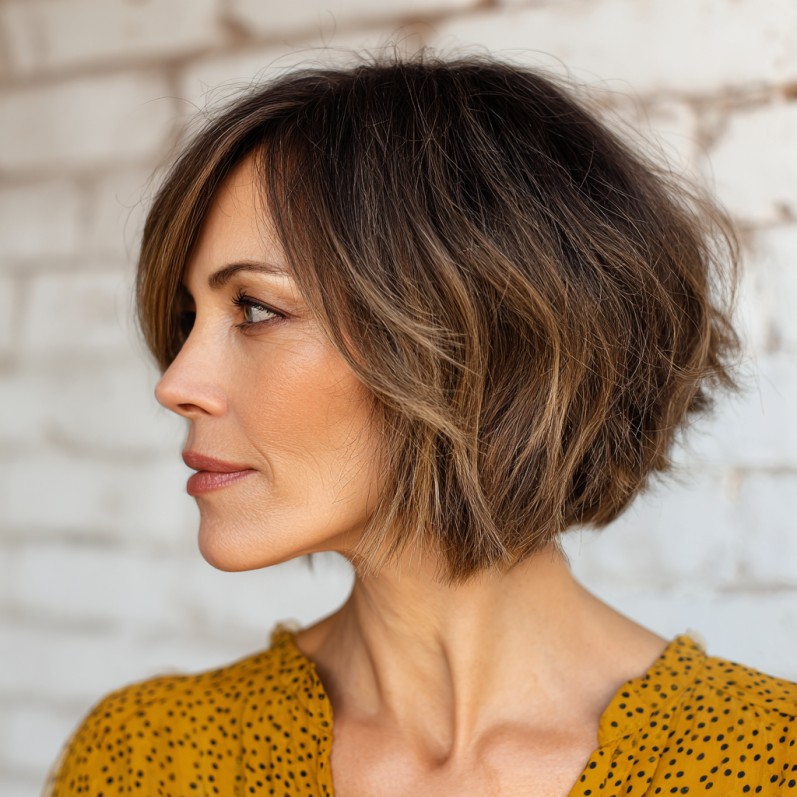 Textured A-Line Bob with Subtle Caramel Highlights