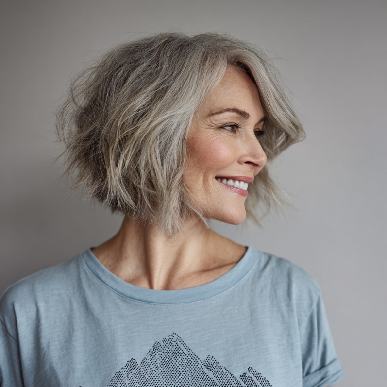 Textured Ash Blonde A-Line Bob with Soft Waves