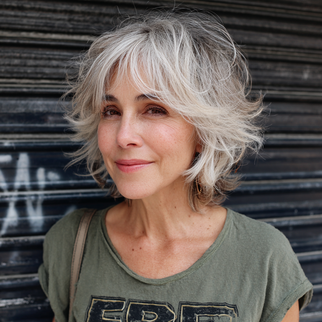 Textured Ash Blonde Shaggy Bob with Feathered Bangs