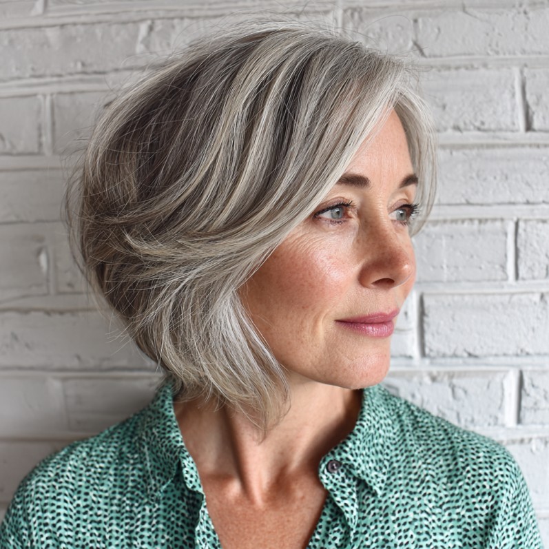 Textured Asymmetrical Bob with Soft Silver Highlights