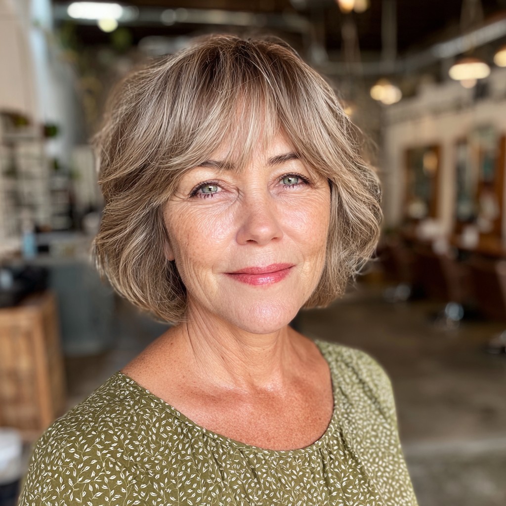 Textured Bob with Soft Bangs and Subtle Highlights