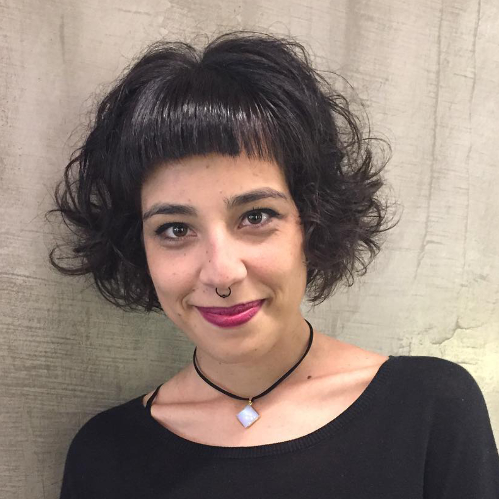 Textured Curly Pageboy Bob with Blunt Fringe