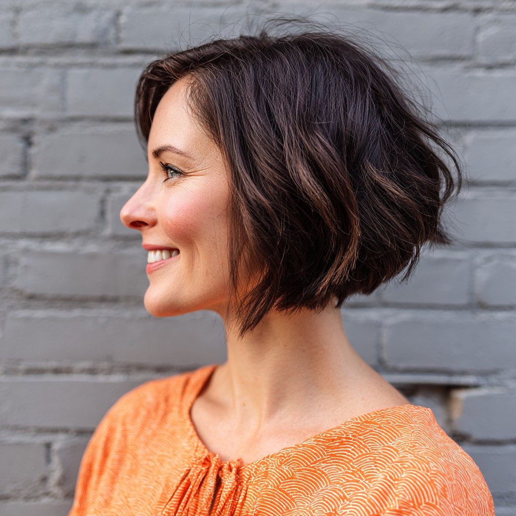 Textured Dark Chocolate Inverted Bob with Soft Waves