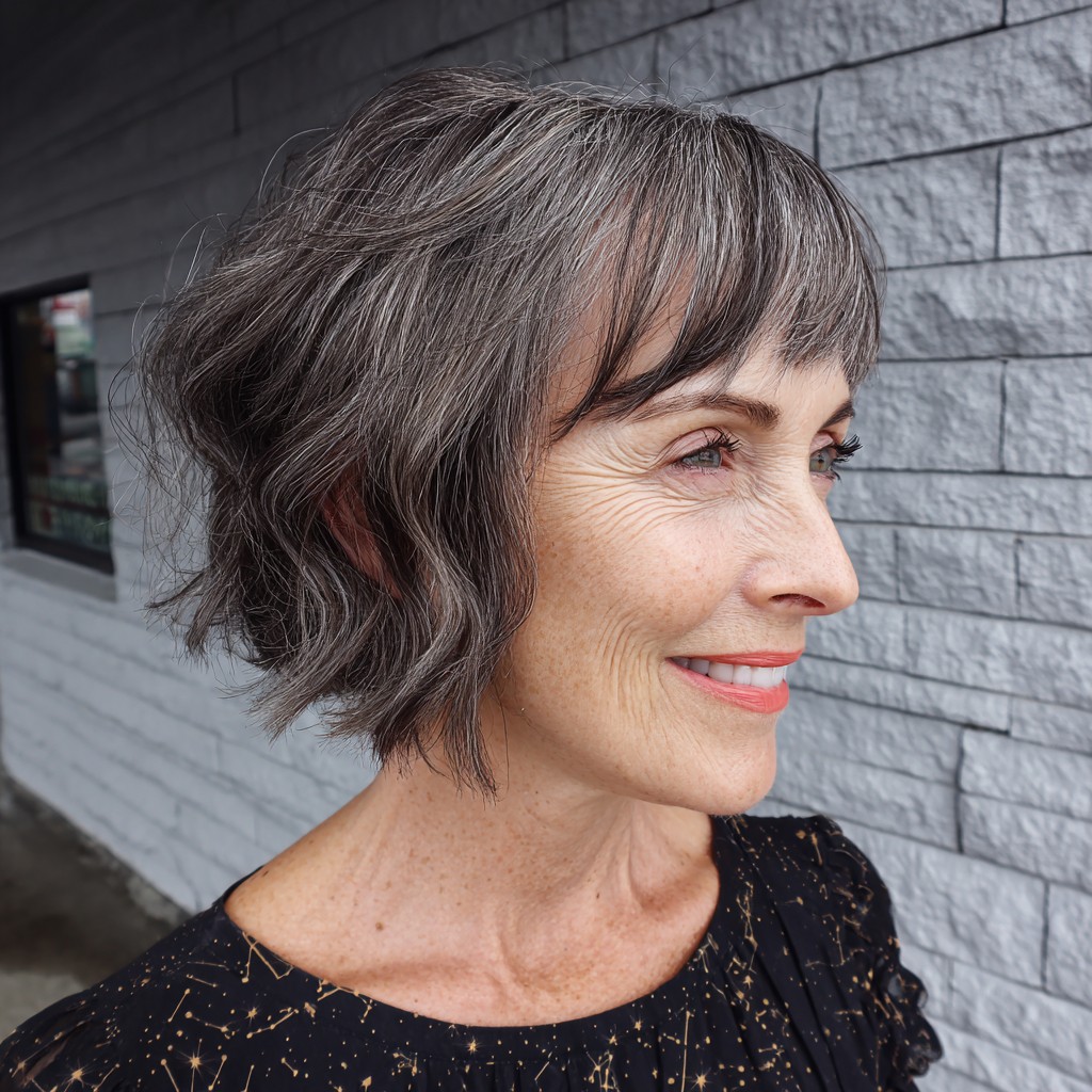 Textured Gray Bob with Soft Waves and Fringe