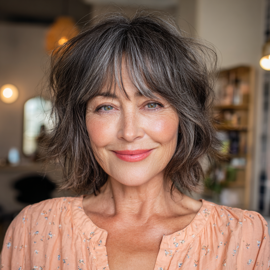 Textured Gray Shaggy Bob with Long Side Bangs