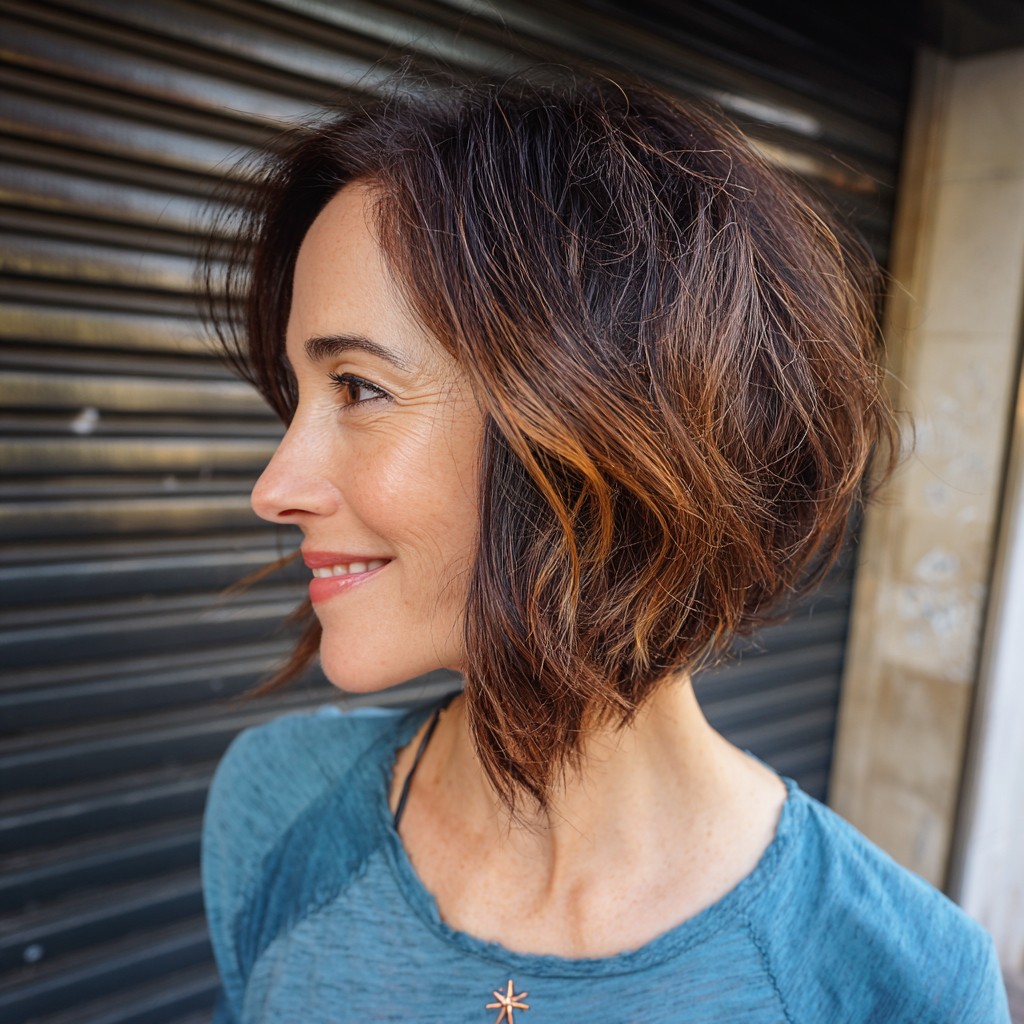 Textured Inverted Bob with Warm Caramel Highlights