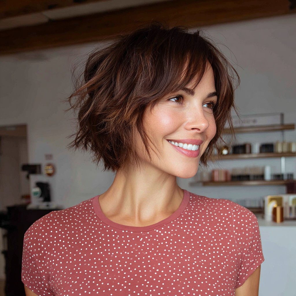 Textured Short Haircut with Flirty Bangs