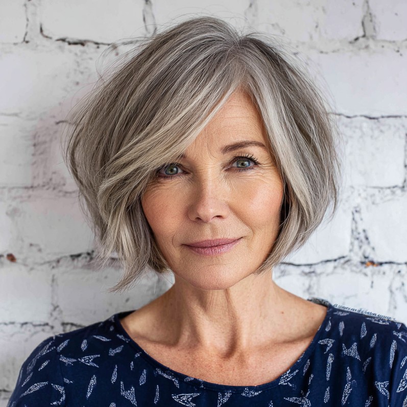 Textured Silver Asymmetrical Bob with Soft Waves