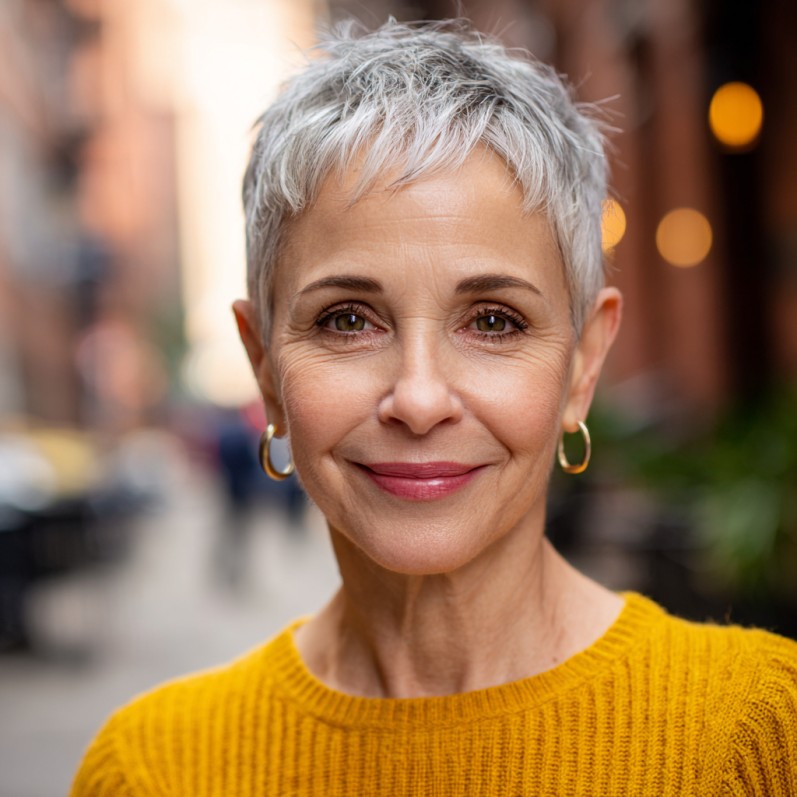 Textured Silver Pixie Cut with Playful Highlights