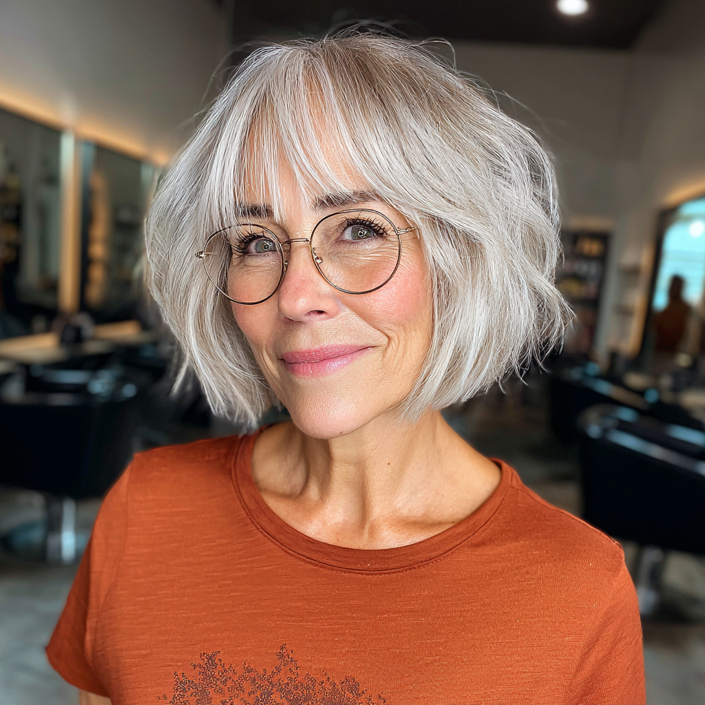 Textured Silver Shaggy Bob with Wispy Bangs