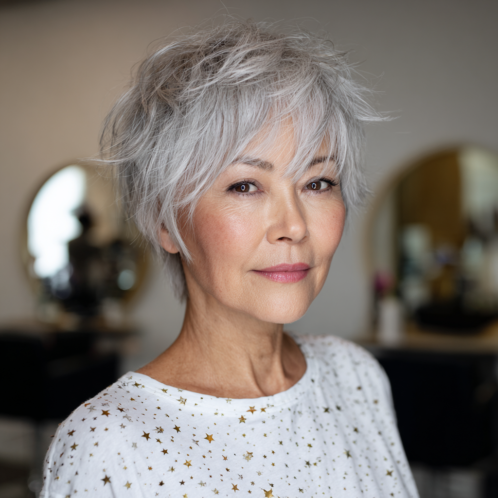 Textured Silver Shaggy Pixie with Playful Layers