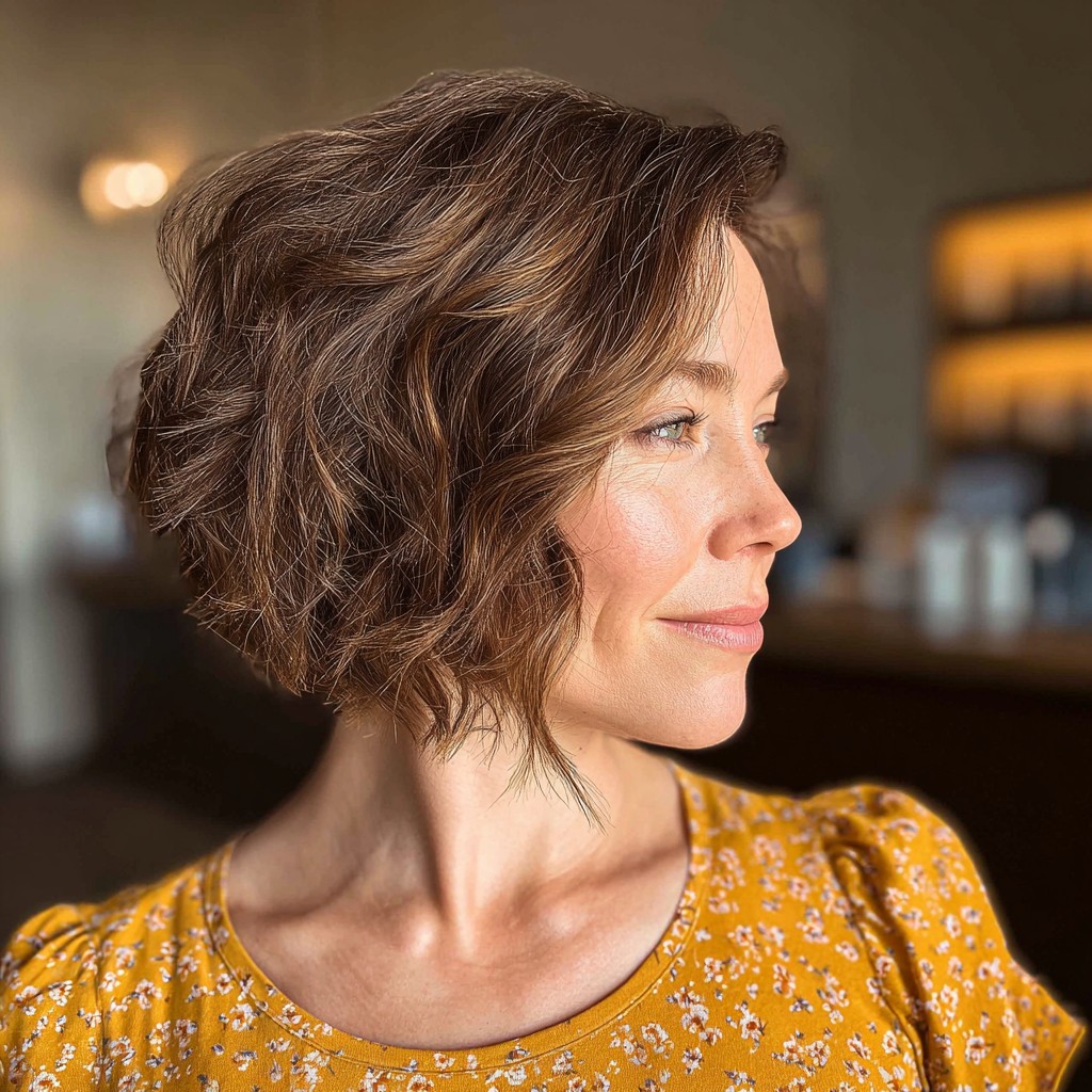 Textured Warm Brown Inverted Bob with Soft Waves