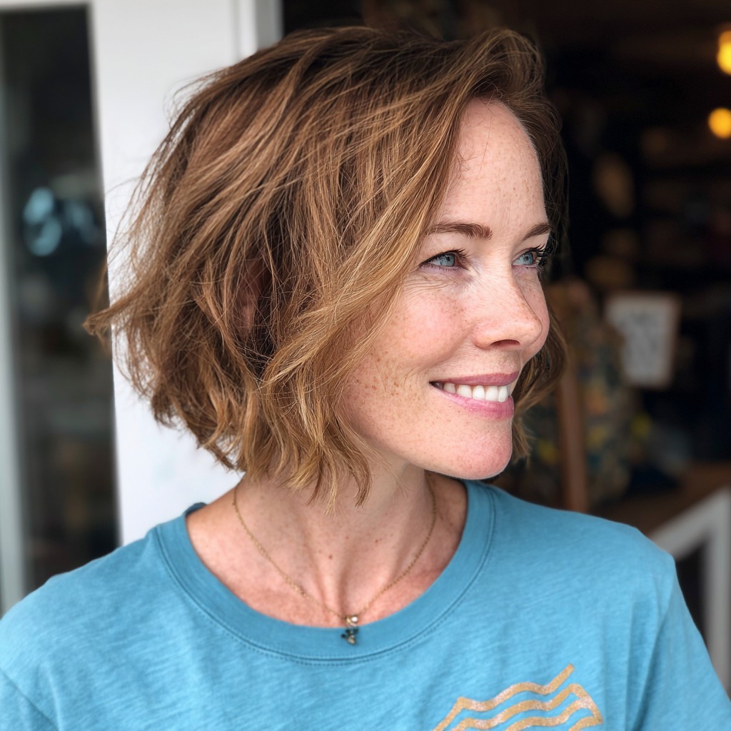 Textured Wavy Inverted Bob with Warm Undertones